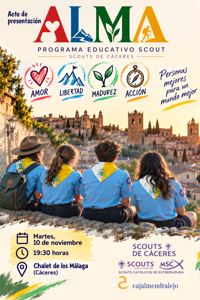 Cartel del acto de presentación de ALMA, martes 10 de noviembre a las 19:30 en el Chalet de los Málaga, Cáceres