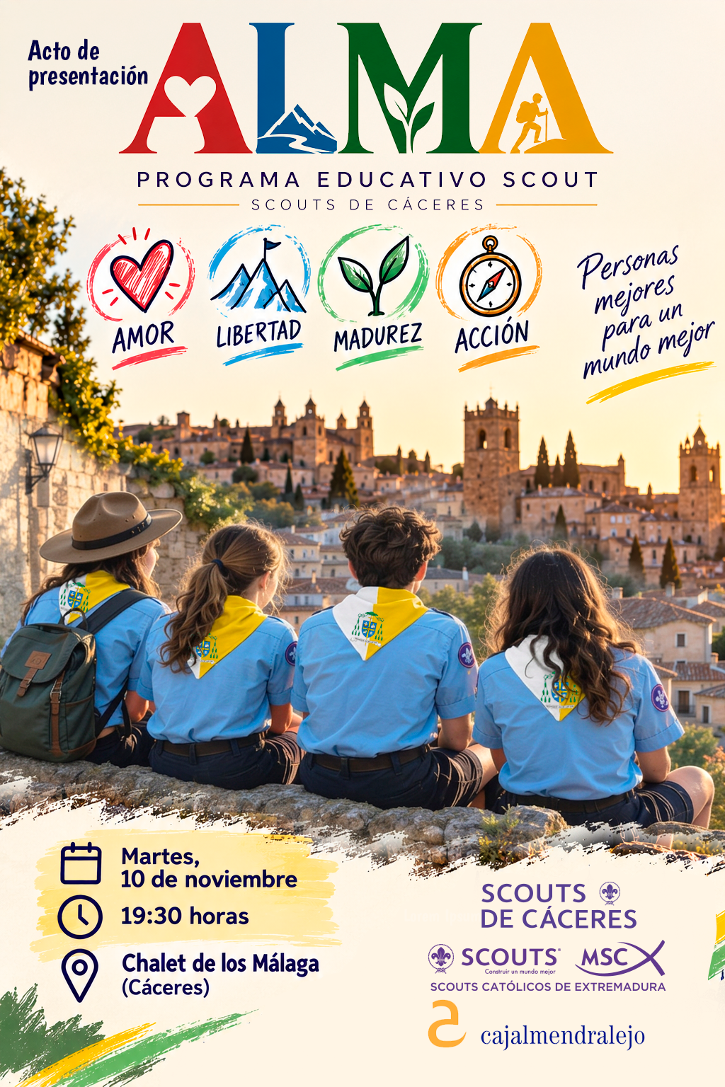 Cartel del acto de presentación de ALMA, martes 10 de noviembre a las 19:30 en el Chalet de los Málaga, Cáceres